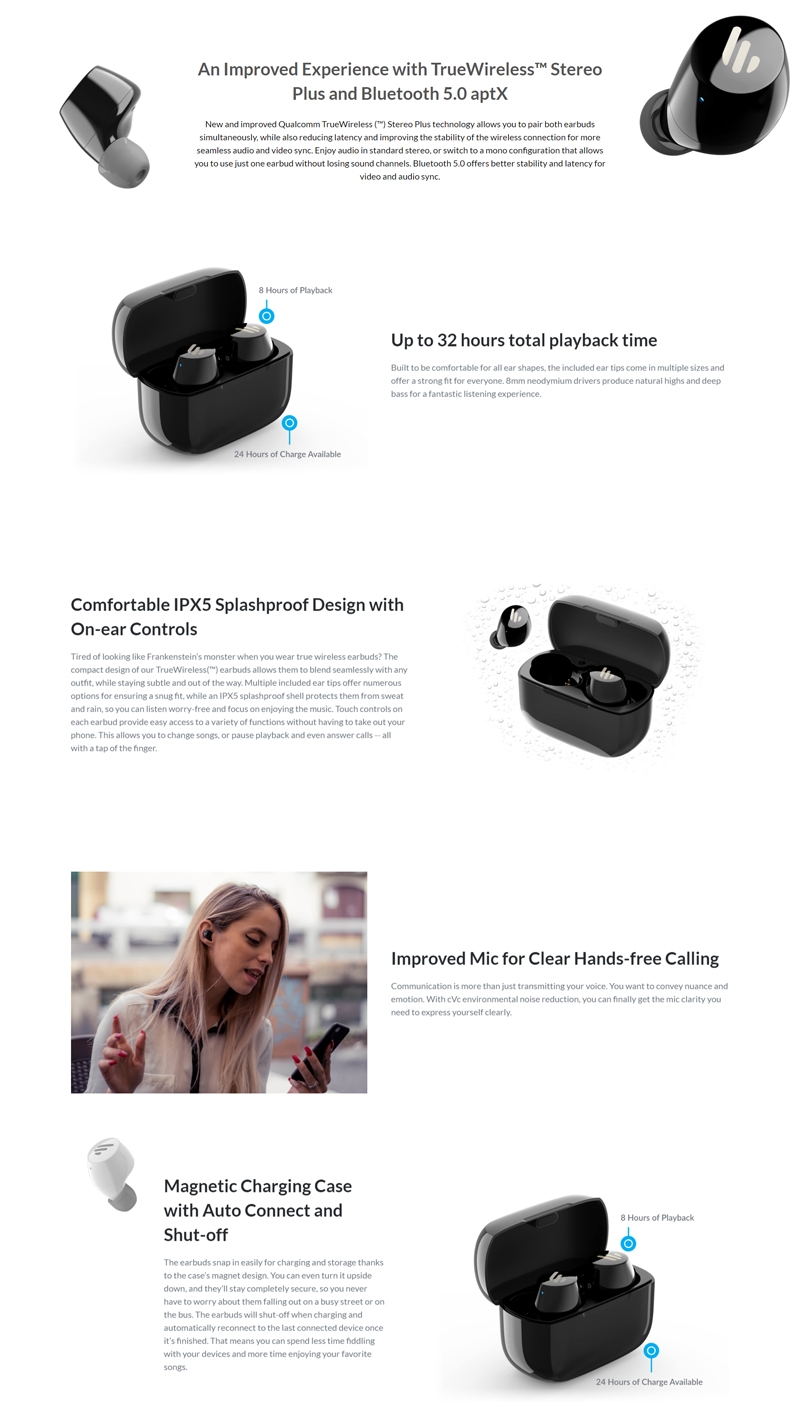 Edifier Tws1 Bluetooth Wireless Earbuds White/ Dual Bt Connectivity/ Wireless Charging Case