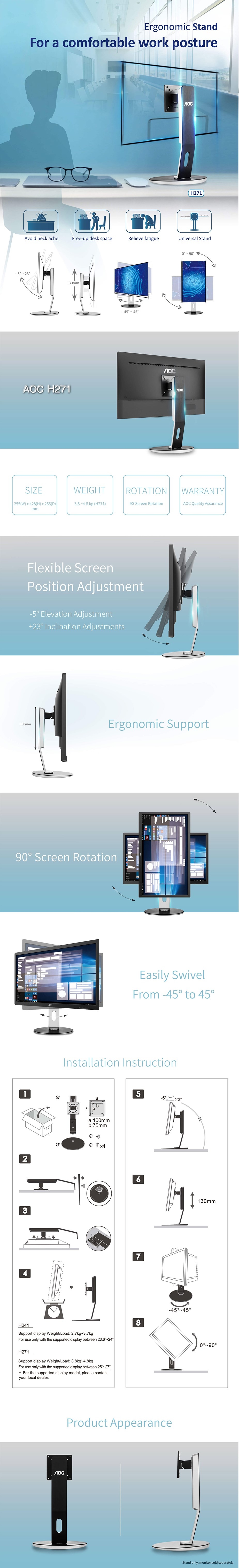 Aoc H271 Vesa Monitor Stand 100x100mm Or 75x75mm Height Adjustment Pivot Swivel Tilt Work With 25in To 27in Monitor H271