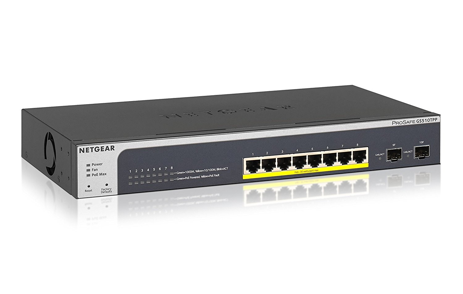 NETGEAR GS510TP PROSAFE 8-PORT GIGABIT POE+ 130W SMART SWITCH WITH 2 SFPS AND MAX POE