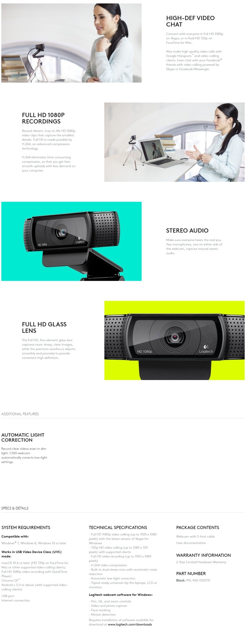 Logitech C920 PRO HD Webcam 960-000770, Full HD 1080P ...