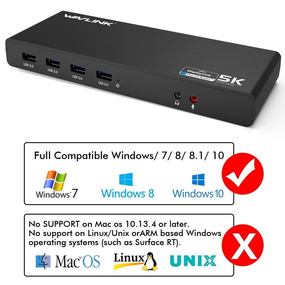 Wavlink USB-C Ultra 5K Laptop Docking Station with 6x USB3.0, 4K Dual ...
