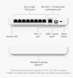 Ubiquiti | USW-Flex-2.5G-8 | UniFi Compact 8 Port Gigabit Desktop Switch, 8 X 2.5G Ports, 1 X 10G PoE+ Input Port For Power / Sfp+ Port Combo UB.USW.FLEX.2.5G8