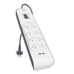Belkin SurgePlus 8-Outlet Surge Protector With Dual USB Port 2.4 Amp - White(BSV804au2M), 2M Power Cord, 900 Joules, $50000 Cew, 2 Years Warranty BSV804au2M