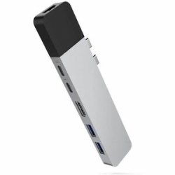 HyperDrive Net Gn28N-Silver 6 Port(s) Dual USB Type C Docking Station For MacBook - Silver - 4K @30Hz - 3840 X 2160 - 4 X USB Ports - 2 X USB 3.0 - 2 X USB Type-A Ports - USB Type-A - 2 X USB Type-C Ports - USB Type-C - 1 X Rj-45 Ports - Network (Rj-45)