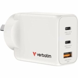 Verbatim 65 W Ac Adapter - Universal Adapter - 1 USB - 2 USB Type-C - For Notebook, Tablet Pc, Smartphone, Gaming Console - Australia - White 67016
