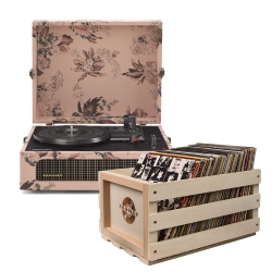 Crosley Voyager Bluetooth Portable Turntable - Floral + Bundled Record Storage Crate CR8017BSC-FL4