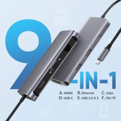 Ugreen Type C 9 In 1 Multifunction Adapter- Hdmi/ VGA/Gigabit/TypeC/USB3.0 X 3/Sd/Tf (40873) ACBUGN40873