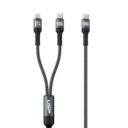 Usp Braided 2-in-1 USB-C To Lighting (27W) + USB-C (100W) Super Fast Charging Cable (1.2M) Black - High Speed Charging, 5 Years Warranty 6976552042499