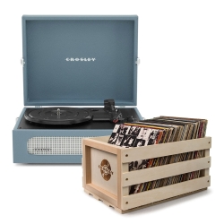 Crosley Voyager Bluetooth Portable Turntable + Bundled Record Storage Crate - Washed Blue CR8017BSC-WB4