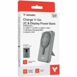 Verbatim Charge 'n' Go Power Bank - Grey - For Android Device, Smartphone, IPhone, Qi-enabled Device - 2 X Type-C 22.5W - Lithium Polymer (Li-Polymer) - 10000 MAh - 22.50 W - 3 A, 2.20 A, 1.67 A, 2.25 A, 2.40 A - 5 V Dc, 9 V Dc, 12 V Dc, 10 V Dc Output -