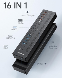 Acasis Ds-516Pb 16-Port USB 3.2 Gen1 5Gbps 60W + On-Off Switch 4xUSB3.2 - 5Gbps, 10xUSB-A2.0, 2xUSB-C. 1xDC For Power Supply. ELEACADS516PB