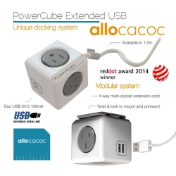 Allocacoc PowerCube Extended USB Powerboard 4-Outlets 2 USB Ports Grey-White 1.5m ELEAUS5400AUEUPC