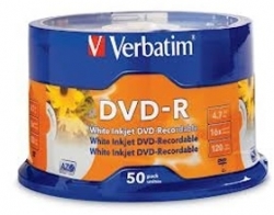 Verbatim Dvd-r 50pk Spindle - White Inkjet Printable 4.7gb 16x 95137