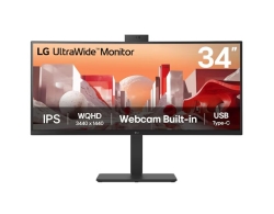 LG 34" UltraWide Qhd Curved Ips 60Hz Monitor, 3440x1440, Srgb 99%, HDR10, Full Hd Webcam/Mic/Speakers, Usb-c 90W Pd, RJ45, Adj Tilt/Height/Swivel 34BA85QE-B