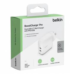 BELKIN DUAL 30W USB-C WALL CHARGER, PD 60W, WHITE
