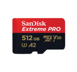 SanDisk Extreme Pro microSDXC, SQXCD 512GB, V30, U3, C10, A2, UHS-I, 200MB/s R, 140MB/s W, 4x6, SD adaptor, Lifetime Limited SDSQXCD-512G-GN6MA