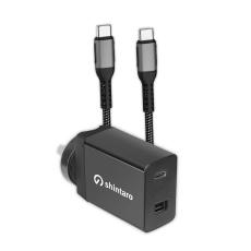 Shintaro 65W GaN Dual Port USB Wall Charger & USB-C Charge Cable 1m, Aluminium head, braid, support Max 20V5A, 100W charging, Emark IC, 480Mbps data 15SH-GWUC65W-BUN