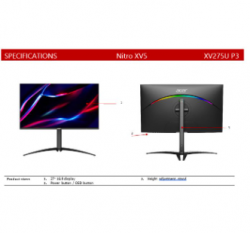 Acer NITRO ADAPTIVESYNC, 27" HDR1000,16:9,MINI LED,QHD(2560x1440),2ms,170Hz,HDMI(2.0)x2,DP(1.2)x1,Tilt,Height Adj,VESA75x75,3YR WTY XV275UP3(UM.HXXSA.301-RY0)