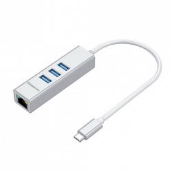 Simplecom CHN421 Silver Aluminium USB-C to 3 Port USB HUB with Gigabit Ethernet Adapter (CHN421-SILVER)
