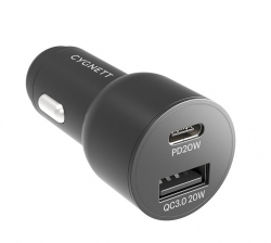 Cygnett CarPower 20W Dual Port Car Charger with 20W USB-C PD + 20W QC 3.0 - Black (CY3637CYCCH), 0-50% Battery in just 30 mins, Fast Charging