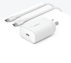Belkin BOOST CHARGE USB-C PD 3.0 PPS Wall Charger 25W + USB-C Cable (1M) - White(WCA004au1MWH-B6),USB-C PD 3.0 Certified,Compact and Travel-Ready