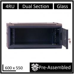 LDR Assembled 4U Hinged Wall Mount Cabinet (600mm x 550mm) Glass Door - Black Metal Construction - Top Fan Vents - Side Access Panels WB-DS65040NB