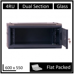 LDR Flat Packed 4U Hinged Wall Mount Cabinet (600mm x 550mm) Glass Door - Black Metal Construction - Top Fan Vents - Side Access Panels WB-DS65040NB-FP