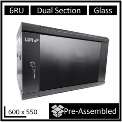LDR Assembled 6U Hinged Wall Mount Cabinet (600mm x 550mm) Glass Door - Black Metal Construction - Top Fan Vents - Side Access Panels WB-DS65060NB