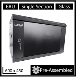 LDR Assembled 6U Wall Mount Cabinet (600mm x 450mm) Glass Door - Black Metal Construction - Top Fan Vents - Side Access Panels WB-SS64060NB