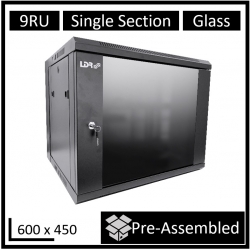 LDR Assembled 9U Wall Mount Cabinet (600mm x 450mm) Glass Door - Black Metal Construction - Top Fan Vents - Side Access Panels WB-SS64090NB