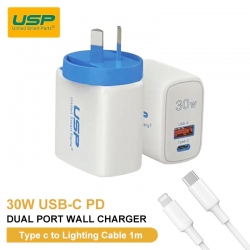 USP 30W USB-A + USB-C PD Fast Dual Wall Charger + Lightning to USB-C White Cable (1M) - (6972475750480), PD+QC3.0 Fast Charge, Overheat Protection 6.97248E+12