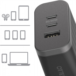 OtterBox USB-C Wall Charger - 72W (Type I) Premium Pro Fast Charge - Black (78-81038), USB Power Delivery, 60W Shared Dual USB-C+ 12W USB-A 78-81038