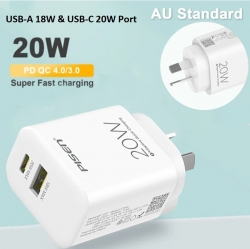PISEN 20W Dual Port (USB-A QC3.0 18W + USB-C PD 20W) Fast Wall Charger - (6902957164887), 3x Faster Charging, Travel-Ready, Super Small 6.90296E+12