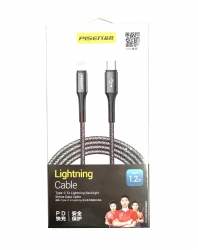 PISEN Lightning to USB-C Cable (1.2M) - Black, Backlight Data Cable, 2.4A PD Fast Charge,Braided Wire,Antioxidant Aluminum Alloy Shell 6.90296E+12