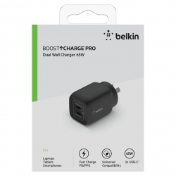 Belkin BoostCharge Pro Dual USB-C GaN Wall/Laptop Charger with PPS 65W - Black(WCH013auBK),1*USB-C(45-65W),1*USB-C(20-65W),Compact,Fast & Travel Ready WCH013auBK
