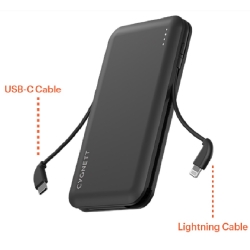 Cygnett ChargeUp Pocket 10K mAh Power Bank with Integrated Lightning (MFi) (10.5W) & USB-C (15W) Cable - Black (CY4406PBCHE), Compact Size CY4406PBCHE