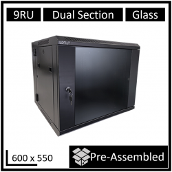 LDR Assembled 9U Hinged Wall Mount Cabinet (600mm x 550mm) Glass Door - Black Metal Construction - Top Fan Vents - Side Access Panels WB-DS65090NB