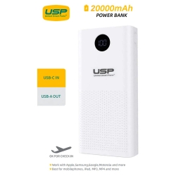 USP 20K mAh Power Bank - White, 2 USB-A Outputs (5W & 10W), 2 USB Input, Digital Display, Comfortable Grip, Charge 2 Devices, Intelligent Matching 6.97E+12