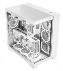 Antec C8 Aluminum White E-ATX Seamless Edge View Front and Side, USB-C, 4mm Tempered Glass, 360mm liquid cooler top, bottom, side. 2x USB 3.0 Case. C8 AL White