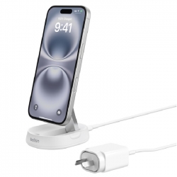Belkin BoostCharge Pro Convertable Magnetic Wireless Charging Stand with Qi2 15W, White(WIA008auWH), 20W Power Supply With Attached USB-C Cable WIA008auWH