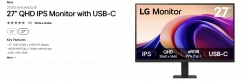 LG 27'' IPS 5ms 2K QHD 2560x1440, HDR10, USB-C (15W) AMD FreeSync™ HDMI/DP Tilt VESA 100 x100 mm, SRGB 99%, Office and Home Monitor 2025 27U631A-B