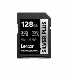 Lexar Professional SILVER PLUS 128GB SDXC™ UHS-I Card read/write speeds of up to 205MB/s and 150MB/s and supports seamless recording of FULL-HD and 4K LSDSIPL128G-BNNNG