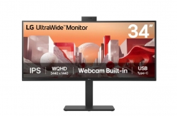 LG 34" UltraWide webcam WQHD (3440x1440) Curved IPS display with Built-in FHD webcam, USB Type-C (PD 90w) RJ 45, 2 x speakers Monitor 34BA85QE-B.AAU