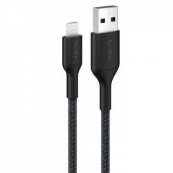 Belkin BoostCharge Pro Braided Lightning to USB-A Cable (2M) - Black (CAA020FQ2MBK), 2.4A/15W, 480Mbps, 350K Bends, MFI-Certified, 2 Years Warranty