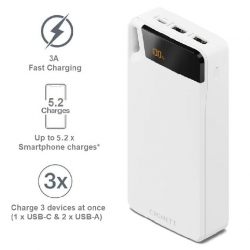 Cygnett ChargeUp Boost 4th Gen 20K mAh Power Bank- White(CY4752PBCHE)Triple Port(Dual USB-A 15W+1xUSB-C 15W),15cm USB-C Cable,15W Max,2 Years Warranty