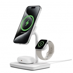 Cygnett ChargeBase Qi2 3-in-1 Magnetic 15W Wireless Charger-White(CY5070BUNCP),1.2M USB-C Cable,5W Watch Charger, 180° Swivel Head,2 Years Warranty CY5070BUNCP