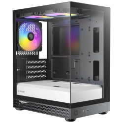 OKINOS AQUA UNO ZEBRA, Mini Tower, Micro-ATX/ITX, tempered glass, 3×120mm ARGB fans, USB 3.0 + Type-C, ?309mm GPU, ?165mm CPU cooler, steel