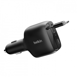 Belkin BoostCharge 75W Retractable Car Charger - Black (CCC001fqBK), Retractable Cable (75CM), 1x Usb-a, 1x USB-C,$2500 Cew, 2 Years Warranty CCC001fqBK
