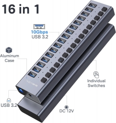ACASIS HS-716MG USB 3.2 Gen2 10Gbps 12V/8A 16 Port USB-A + On/Off Switch with AC Power Adapter for PC & Laptop