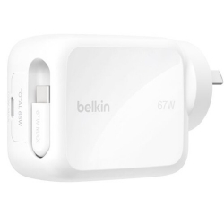 Belkin UltraCharge Retractable Dual 67W Usb-c GaN Wall Charger - White(WCH022auWH),1xUSB-C,1x Retractable Usb-c Cable(1M),$2,500 Cew, 2 Years Warranty WCH022auWH